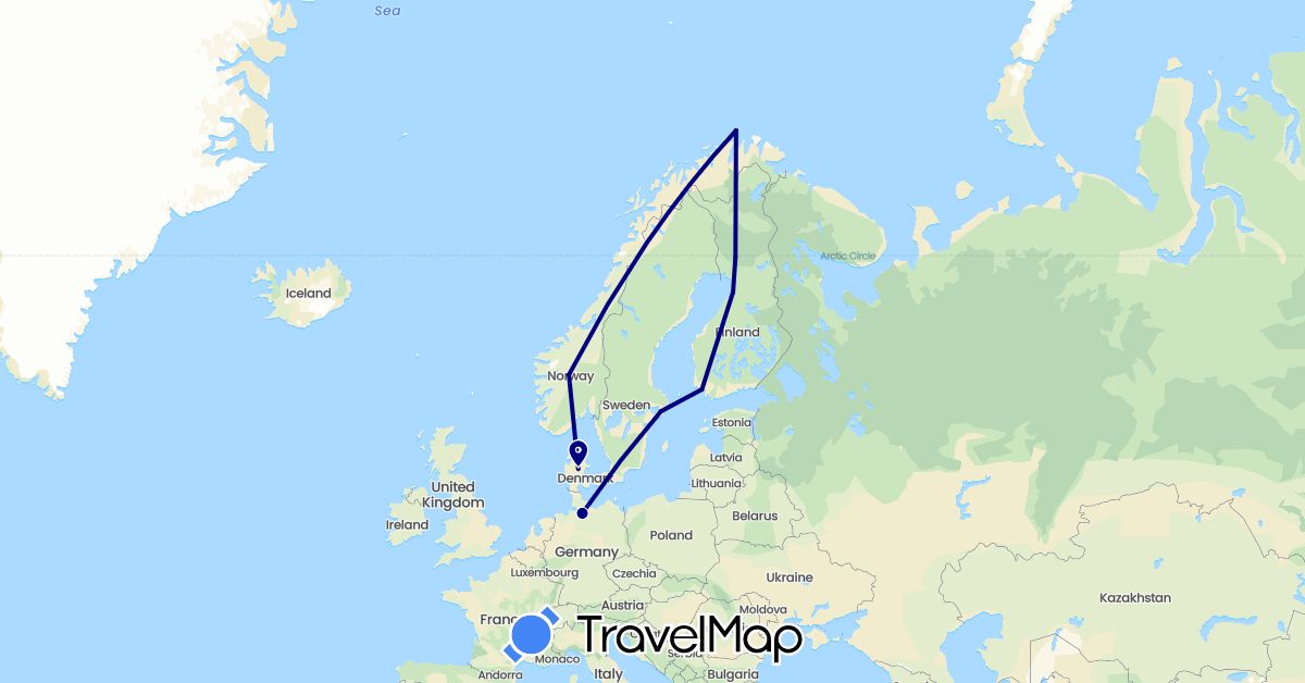 TravelMap itinerary: driving in Germany, Denmark, Finland, Norway, Sweden (Europe)